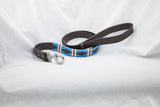 The Pacific Leather Dog Leash - hand-stitched with vibrantly colored wax threads in light blue with a white and red stripe