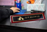 Piano Finished Rosewood Novelty Engraved Desk Name Plate 'Ask Me About My Cats', 2" x 8", Black/Gold Plate