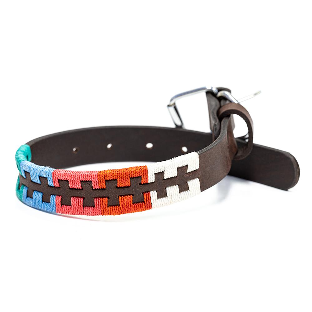 Zephyr Leather Dog Collar - multi-colored stitching in a beautiful tribal pattern sewn into soft leather