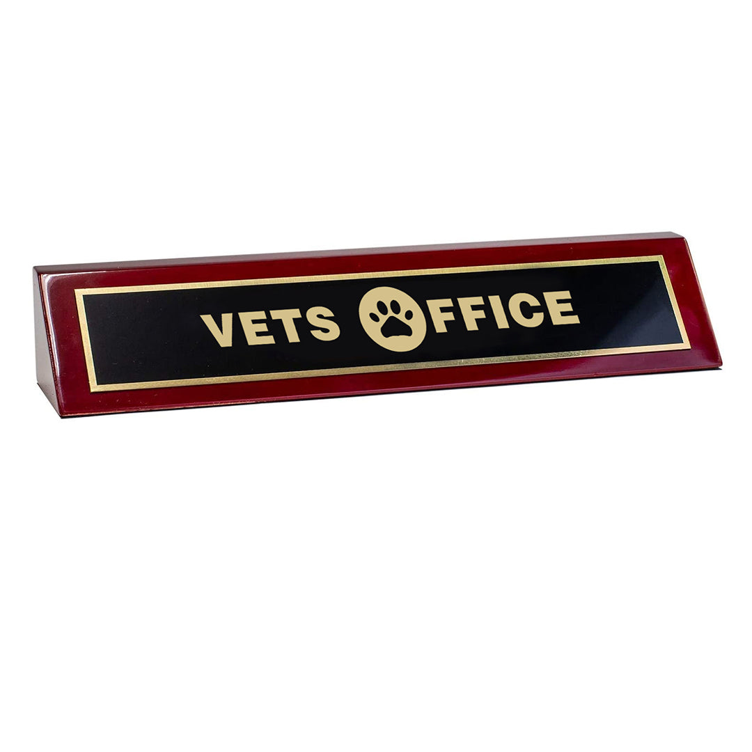 Piano Finished Rosewood Novelty Engraved Desk Name Plate 'Vets Office', 2" x 8", Black/Gold Plate