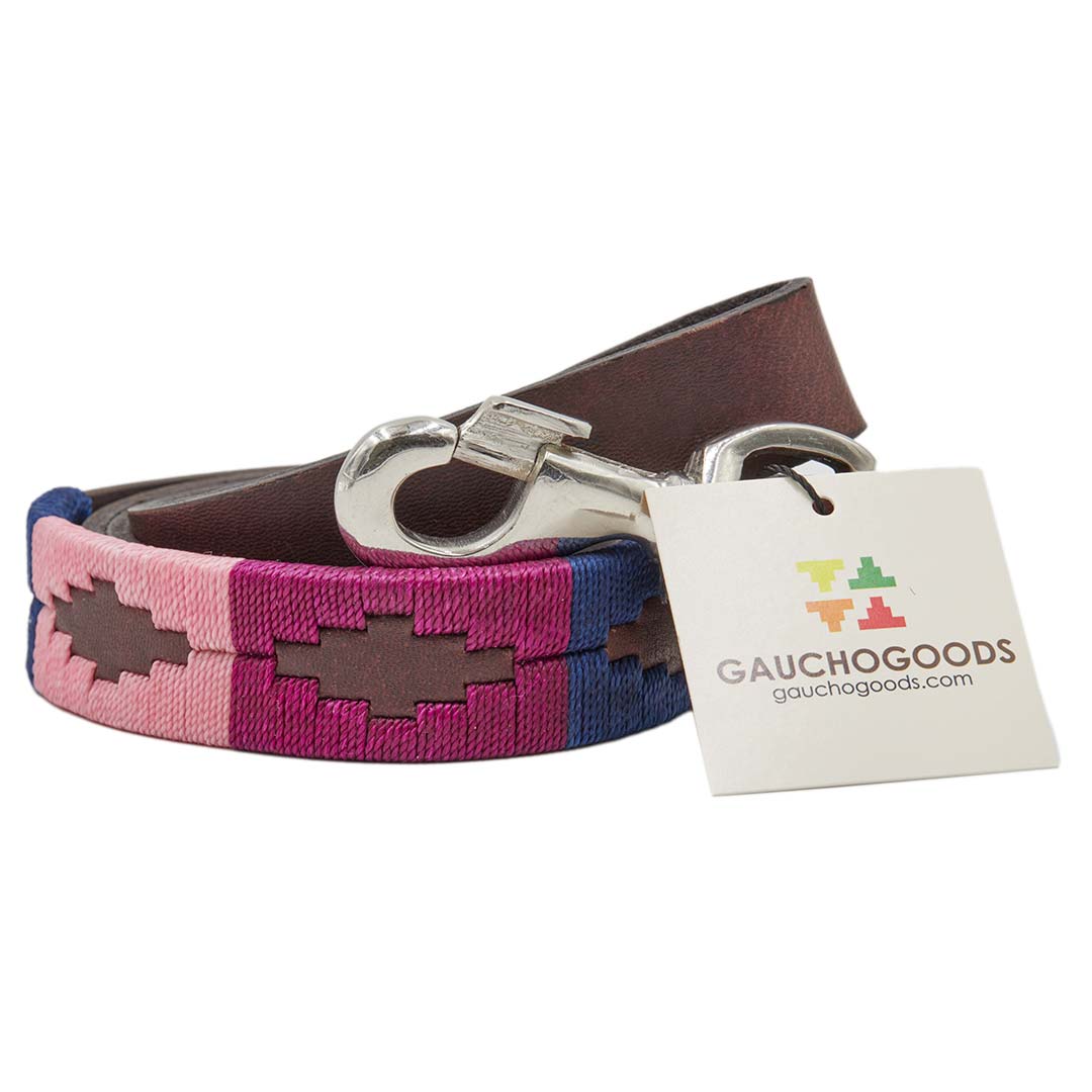 Cali Girl Leather Dog Leash - hand-stitched with soft pink and bright purple colored threads