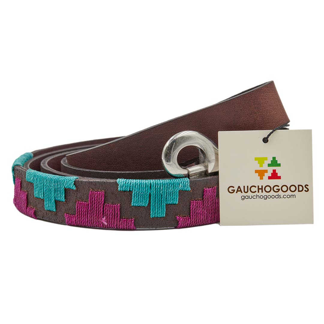 Miami Leather Dog Leash - hand-stitched with vibrantly colored wax threads in Teal and Purple