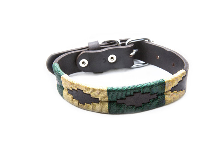 Palm Desert Leather Dog Collar - hand-stitched with dark green and cream wax threads