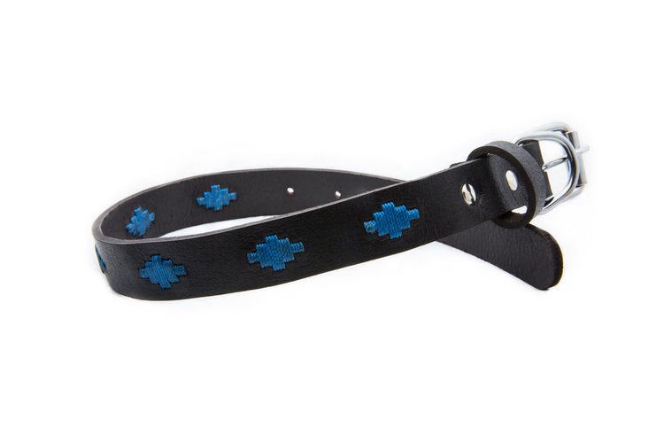 Tahoe Leather Dog Collar - hand-stitched with blue diamond colored wax threads