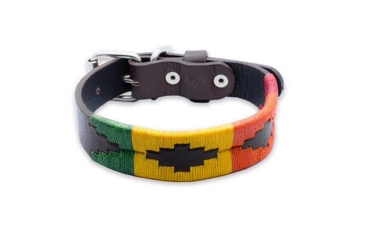 The Woodstock Leather Dog Collar - hand-stitched with the distinctive Orange, Red, Yellow, Green and Blue