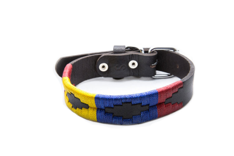 Yosemite Leather Dog Collar - hand-stitched with vibrant red, yellow and blue wax threads