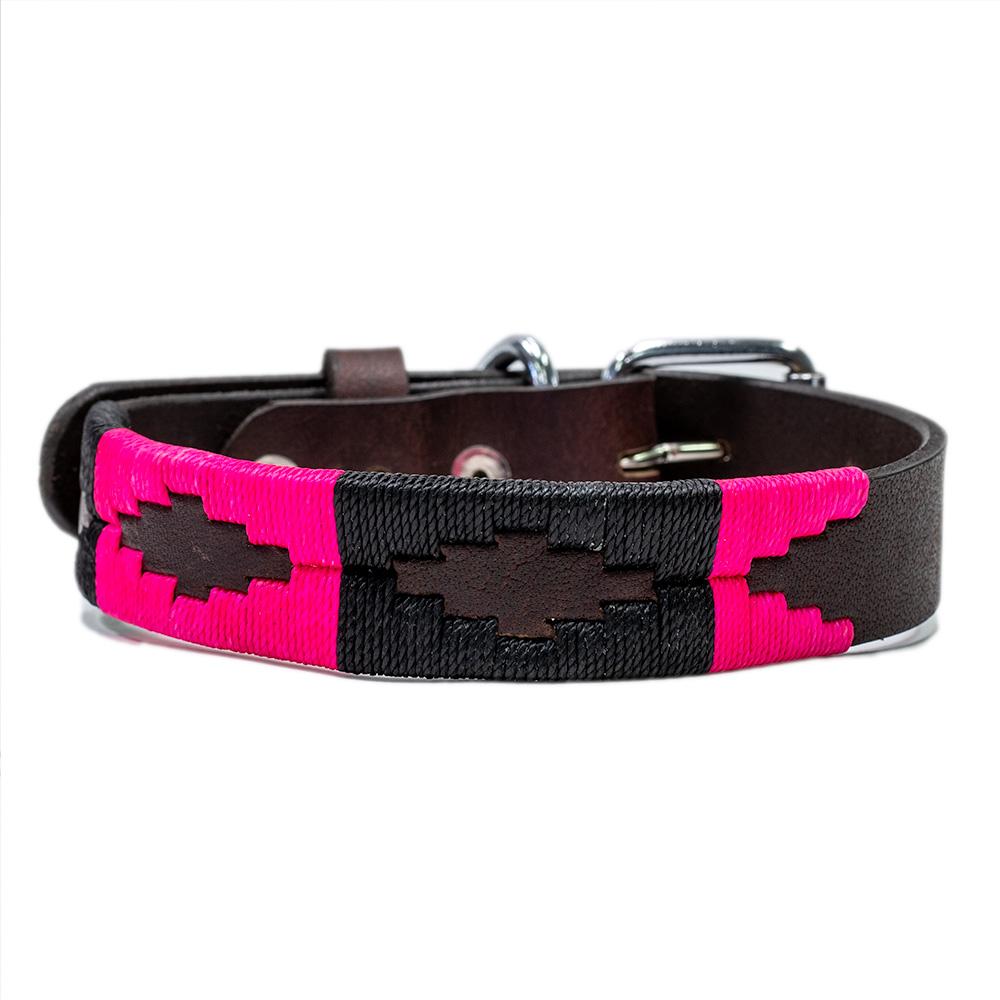 Antilles Leather Dog Collar - stitched with Hot Pink and Black colored threads
