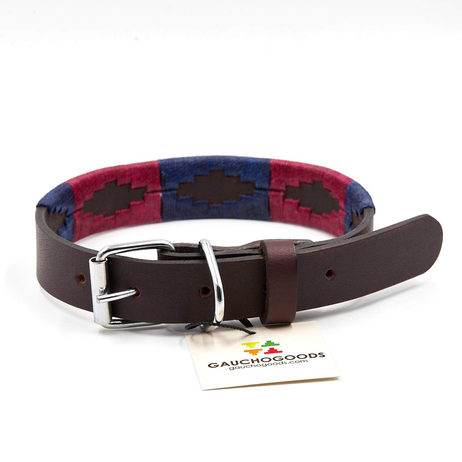Napa Valley Leather Dog Collar - hand-stitched with purple and navy blue colors