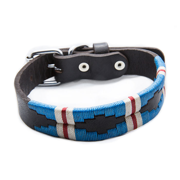 The Pacific Leather Dog Collar - vibrantly colored wax threads in light blue with a white and red stripe