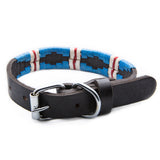 The Pacific Leather Dog Collar - vibrantly colored wax threads in light blue with a white and red stripe