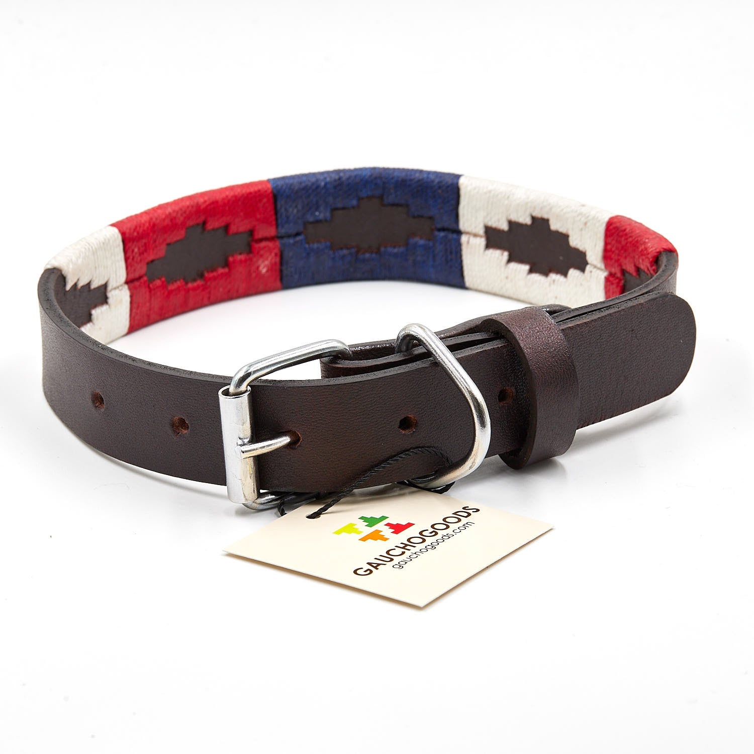 The Patriot Leather Dog Collar - hand-stitched with the distinctive red, white and blue of the American Flag