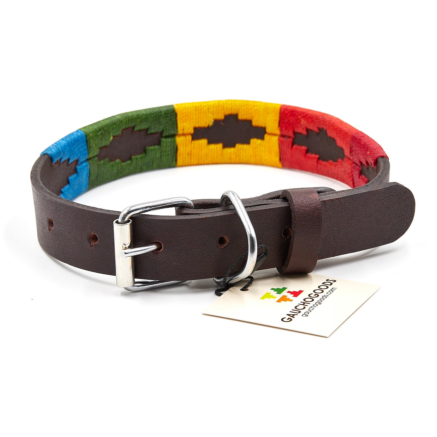 The Woodstock Leather Dog Collar - hand-stitched with the distinctive Orange, Red, Yellow, Green and Blue